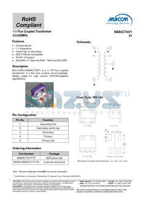 MABA-008350-CT71TB datasheet - 1:1 Flux Coupled Transformer 0.3-200MHz
