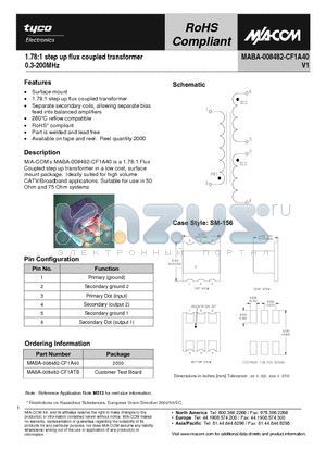MABA-008482-CF1ATB datasheet - 1.78:1 step up flux coupled transformer 0.3-200MHz