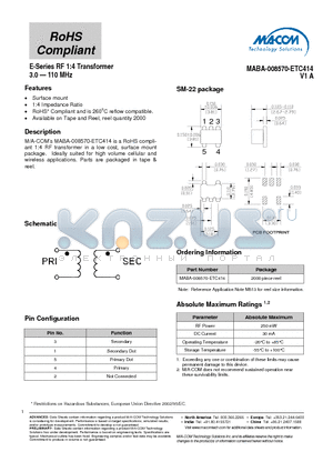 MABA-008570-ETC414 datasheet - E-Series RF 1:4 Transformer 3.0 - 110 MHz