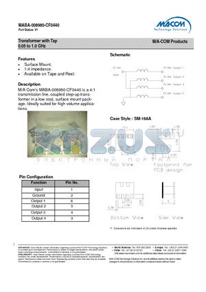 MABA-008980-CF0440 datasheet - Transformer with Tap 0.05 to 1.0 GHz