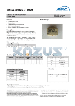 MABA-009126-ET11SM datasheet - E-Series RF 1:1 Transformer 0.3-400 MHz