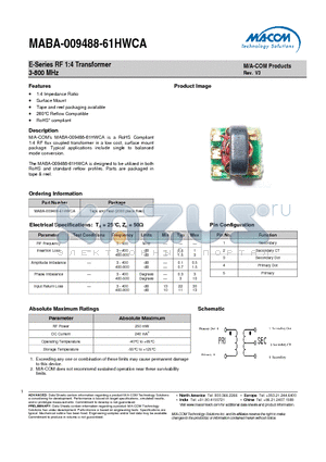 MABA-009488-61HWCA datasheet - E-Series RF 1:4 Transformer 3-800 MHz