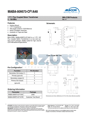 MABA-009573-CF1ATB datasheet - 1.77:1 Flux Coupled Balun Transformer 5 - 100 MHz