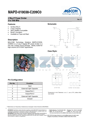 MABA-010038-C209TB datasheet - 2 Way Power Divider