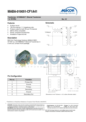 MABA-010051-CF1A41 datasheet - Transformer, 10/100BASE-T Ethernet Transformer