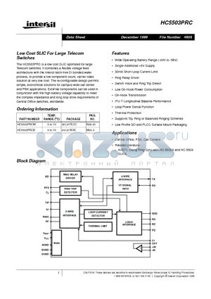 HC5503PRC datasheet - Low Cost SLIC For Large Telecom Switches