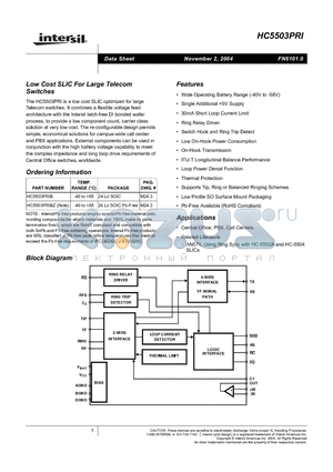 HC5503PRIB datasheet - Low Cost SLIC For Large Telecom Switches