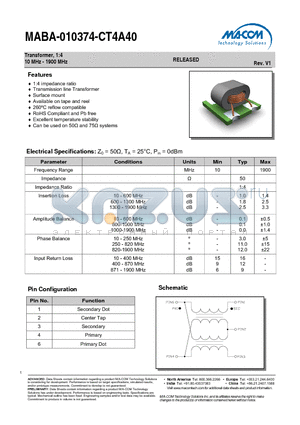 MABA-010374-CT4A40 datasheet - Transformer, 1:4