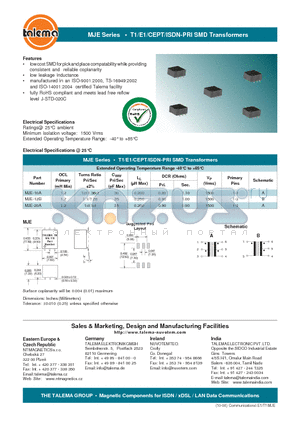 MJE-10A datasheet - T1/E1/CEPT/ISDN-PRI SMD Transformers