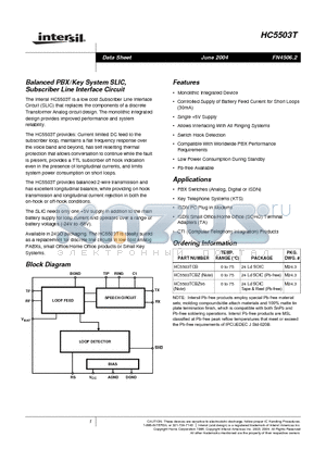 HC5503TCBZ datasheet - Balanced PBX / Key System SLIC, Subscriber Line Interface Circuit