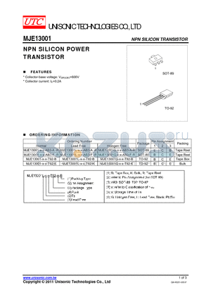 MJE13001-X-X-AB3-A-R datasheet - NPN SILICON POWER TRANSISTOR