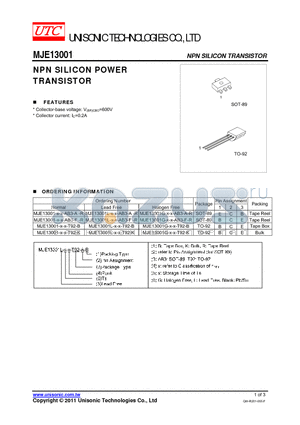 MJE13001G-X-X-T92-K datasheet - NPN SILICON POWER TRANSISTOR