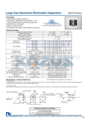 NRLFW153M100V22X20F datasheet - Large Can Aluminum Electrolytic Capacitors