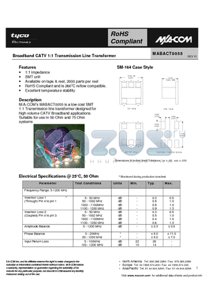 MABACT0055 datasheet - Broadband CATV 1:1 Transmission Line Transformer