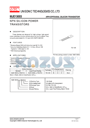 MJE13003-X-T60-F-K datasheet - NPN EPITAXIAL SILICON TRANSISTOR