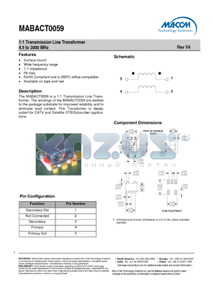 MABACT0059 datasheet - 1:1 Transmission Line Transformer