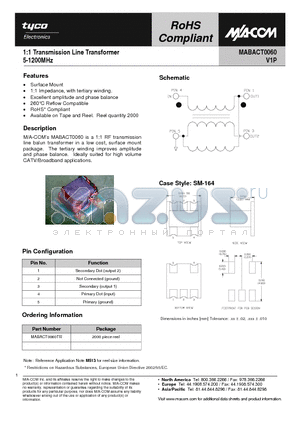 MABACT0060TR datasheet - 1:1 Transmission Line Transformer 5-1200MHz