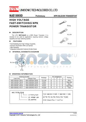 MJE13003DG-T92-R datasheet - HIGH VOLTAGE FAST-SWITCHING NPN POWER TRANSISTOR