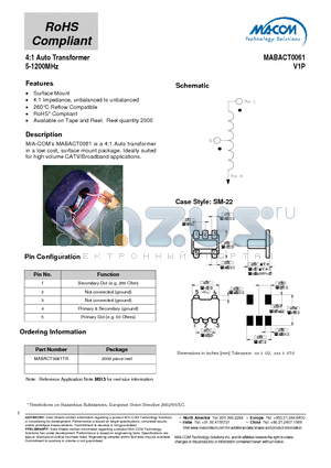 MABACT0061TR datasheet - 4:1 Auto Transformer 5-1200MHz