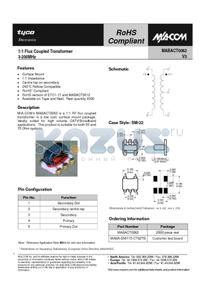 MABACT0062 datasheet - 1:1 Flux Coupled Transformer 3-200MHz