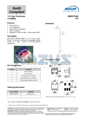 MABACT0063TR datasheet - 1.5:1 Auto Transformer 5-1000MHz