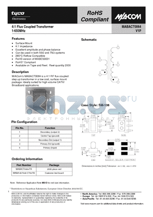 MABACT0064 datasheet - 4:1 Flux Coupled Transformer 1-650MHz