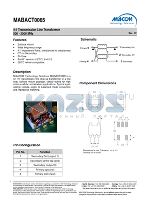 MABACT0065 datasheet - 4:1 Transmission Line Transformer