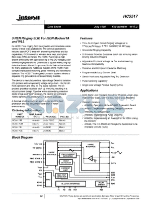 HC5517 datasheet - 3 REN Ringing SLIC For ISDN Modem/TA and WLL