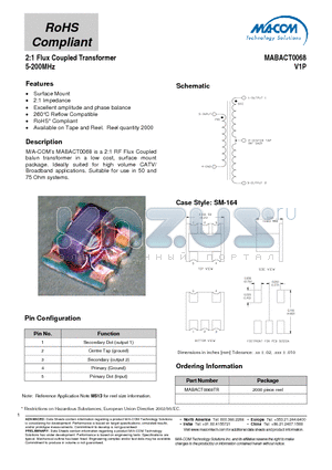 MABACT0068TR datasheet - 2:1 Flux Coupled Transformer 5-200MHz