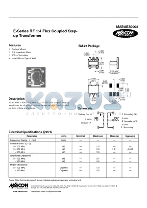 MABAES0008 datasheet - E-Series RF 1:4 Flux Coupled Stepup Transformer