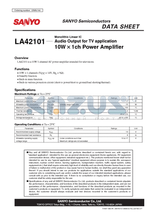 LA42101 datasheet - Monolithic Linear IC Audio Output for TV application 10W  1ch Power Amplifier