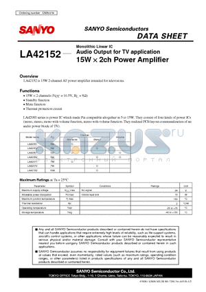 LA42152 datasheet - Monolithic Linear IC Audio Output for TV application 15W  2ch Power Amplifier