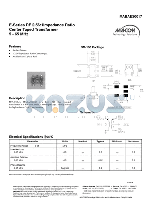 MABAES0017 datasheet - E-Series RF 2.56:1Impedance Ratio Center Taped Transformer 5 - 65 MHz