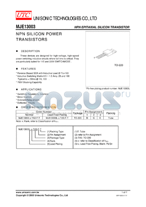 MJE13003L-X-TA3-F-T datasheet - NPN EPITAXIAL SILICON TRANSISTOR