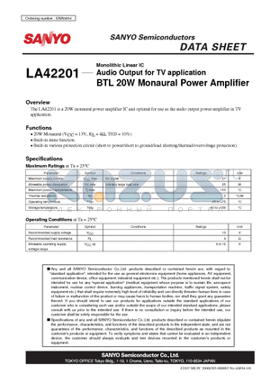 LA42201 datasheet - Monolithic Linear IC Audio Output for TV application BTL 20W Monaural Power Amplifier