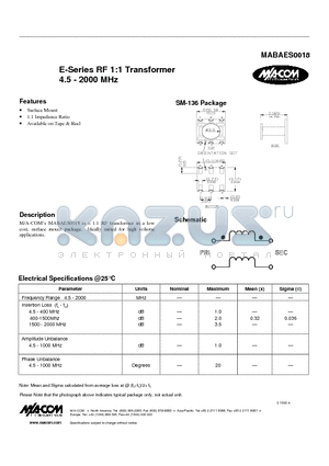 MABAES0018 datasheet - E-Series RF 1:1 Transformer 4.5 - 2000 MHz