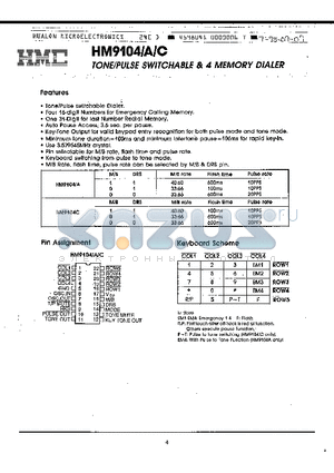 HM9104 datasheet - TONE/PULSE SWITCHABLE & 4 MEMORY DIALER