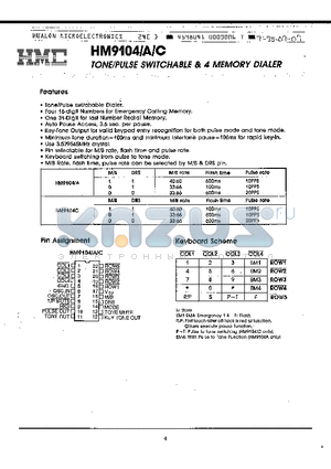 HM9104A datasheet - TONE/PULSE SWITCHABLE & 4 MEMORY DIALER