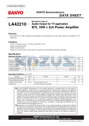 LA42210 datasheet - Monolithic Linear IC Audio Output for TV application BTL 10W  2ch Power Amplifier