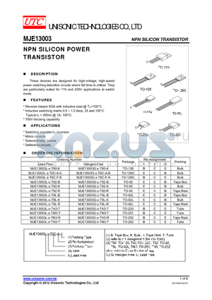 MJE13003L-X-T92-R datasheet - NPN SILICON POWER TRANSISTOR