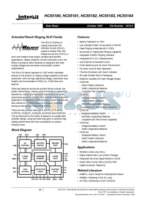 HC55181 datasheet - Extended Reach Ringing SLIC Family