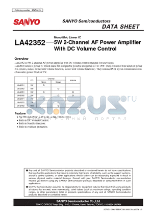 LA42351 datasheet - Monolithic Linear IC 5W 2-Channel AF Power Amplifier With DC Volume Control
