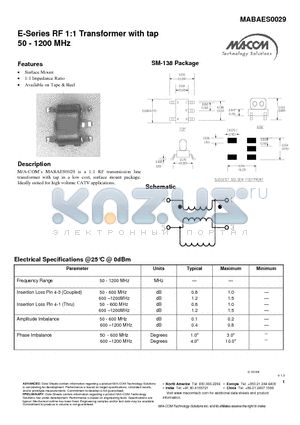 MABAES0029 datasheet - E-Series RF 1:1 Transformer with tap 50 - 1200 MHz