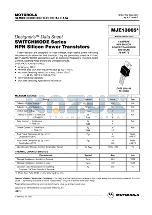 MJE13005 datasheet - 4 AMPERE NPN SILICON POWER TRANSISTOR 400 VOLTS 75 WATTS