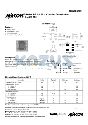 MABAES0031 datasheet - E-Series RF 4:1 Flux Coupled Transformer 1.0 - 650 MHz
