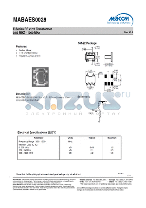 MABAES0028 datasheet - E-Series RF 2.7:1 Transformer 0.03 MHZ - 1000 MHz