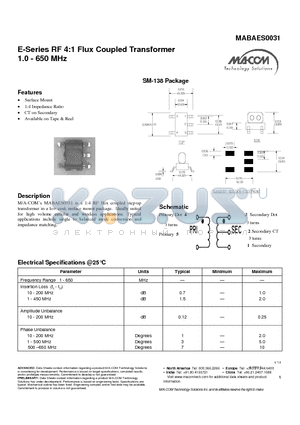 MABAES0031 datasheet - E-Series RF 4:1 Flux Coupled Transformer 1.0 - 650 MHz