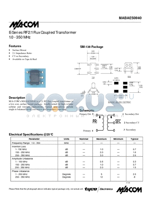 MABAES0040 datasheet - E-Series RF 2:1 Flux Coupled Transformer 1.0 - 350 MHz