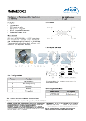 MABAES0032 datasheet - Transformer, 1:1 Transmission Line Transformer 5 to 1000 MHz