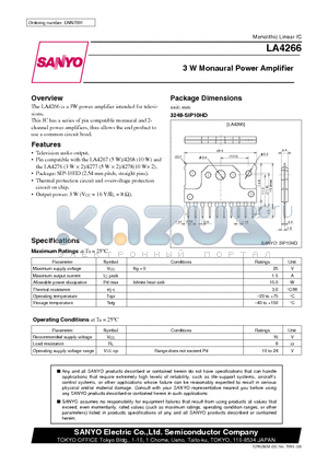 LA4266 datasheet - 3 W Monaural Power Amplifier